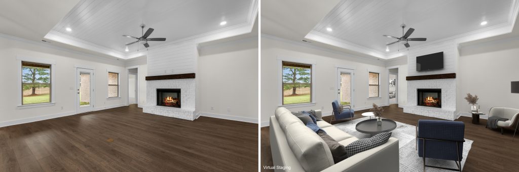 Virtual staging living room with fireplace example before and after